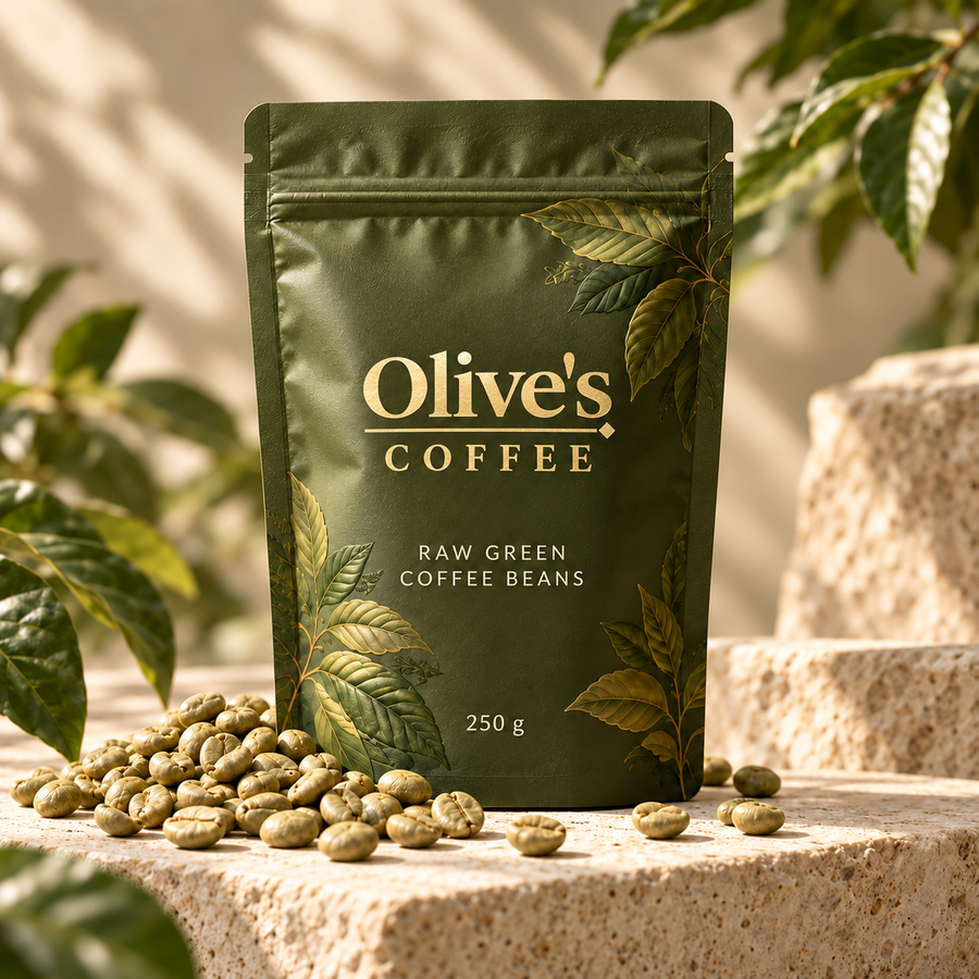 Olive's Raw Green Coffee Beans 250 g pouch with the official stacked Olive's Coffee logo