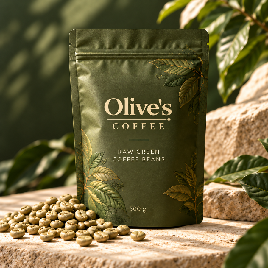 Olive's Raw Green Coffee Beans 500 g package with the Olive's Coffee logo