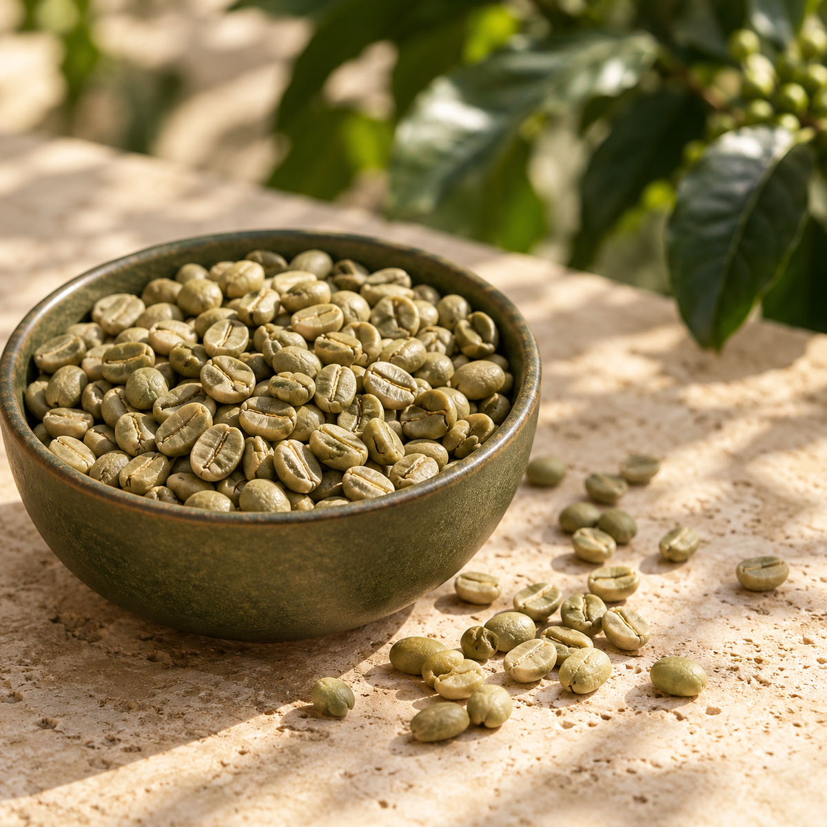 Close view of Olive's Coffee raw green coffee beans in a ceramic bowl