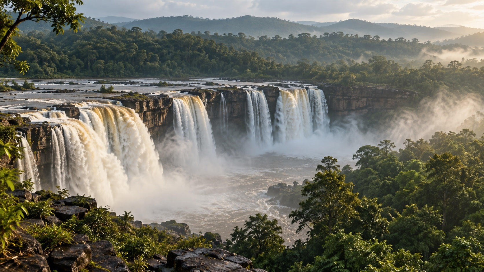 Bastar-inspired artwork of a broad waterfall surrounded by dense green forest