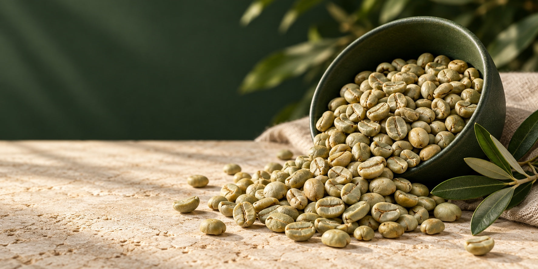Whole pale green coffee beans spilling from a dark green stoneware bowl