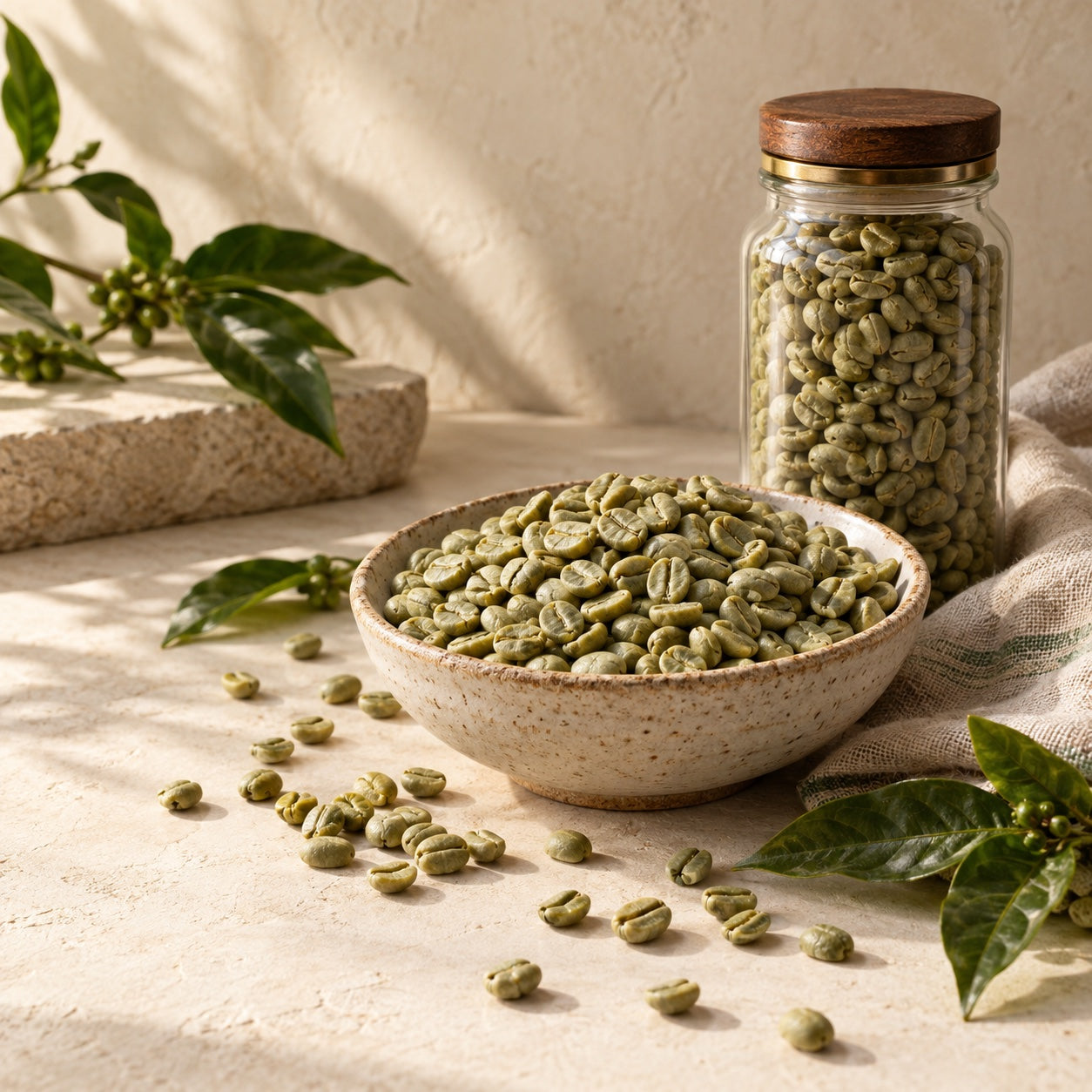 Raw green coffee facts: whole beans, naturally contains caffeine and thoughtfully packed