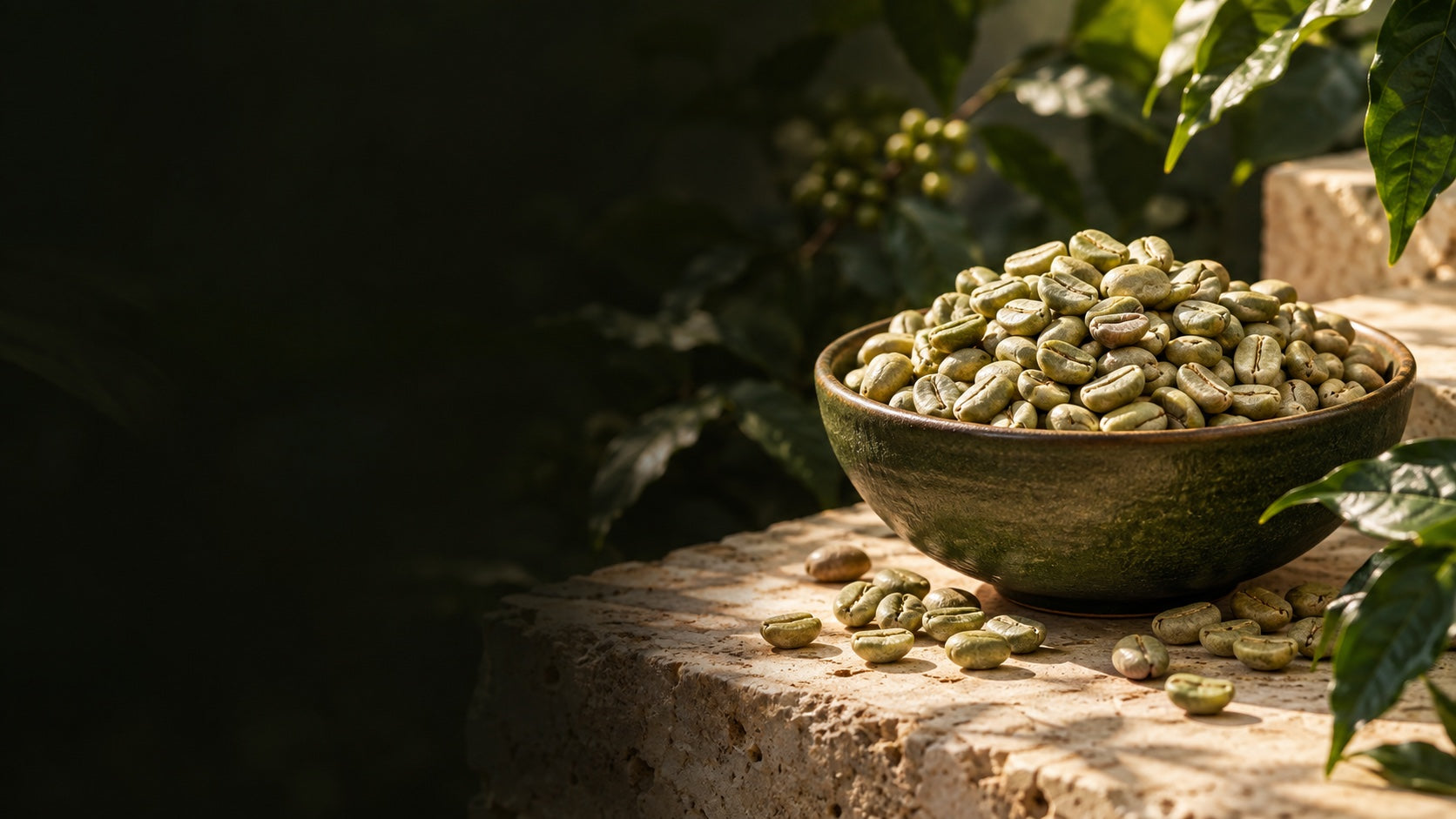 Raw pale-green coffee beans in a dark olive ceramic bowl with open text space